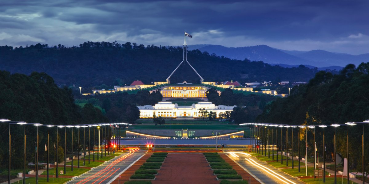 Night time photo of Parliament House, Canberra 