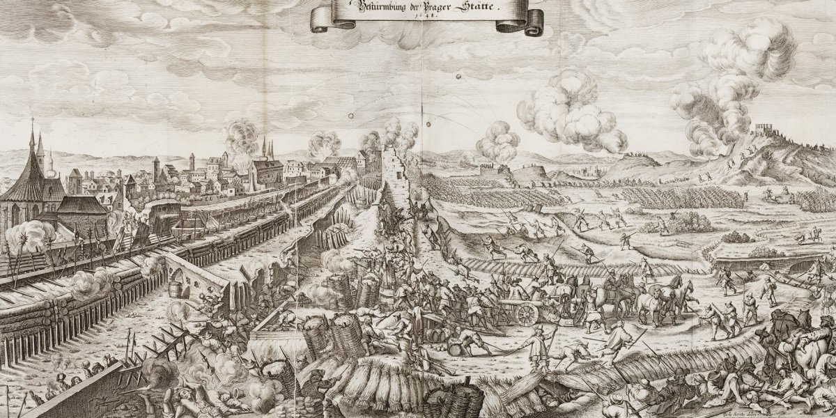 The final battle of the war; the Swedish Siege of Prague in 1648 - ink drawing of a wooden city under siege