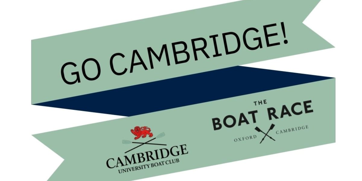 graphic showing a Cambridge University Boat Club cheer card in Cambridge blue showing its logo
