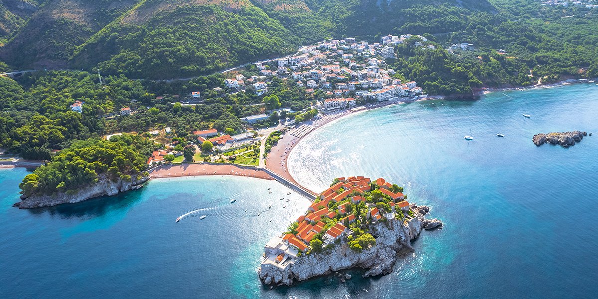 Aerial view of Sveti Stefan island, Budva, Montenegro