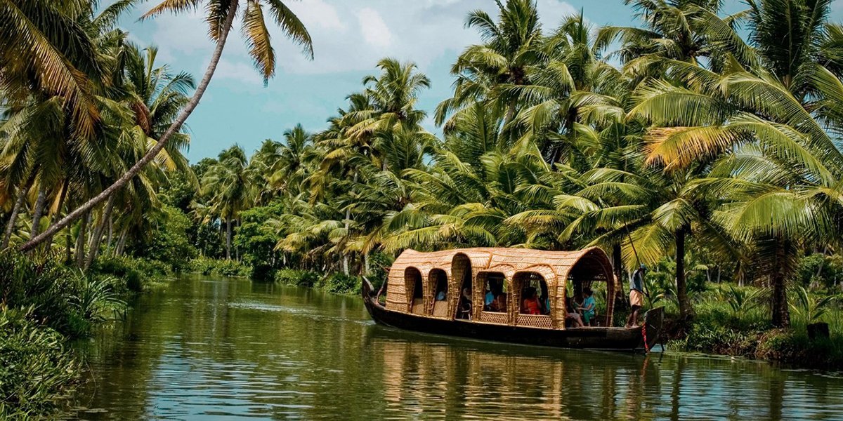 An Indian rice barge sailing down the river surrounded by palm trees