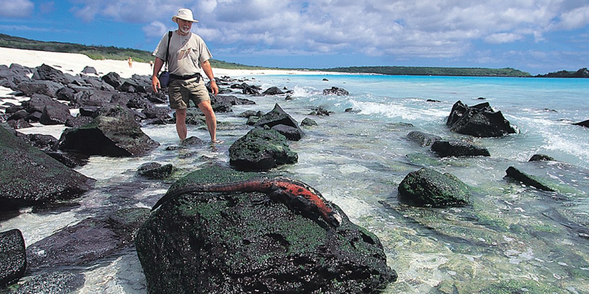 Tourist on the beach with Iguana