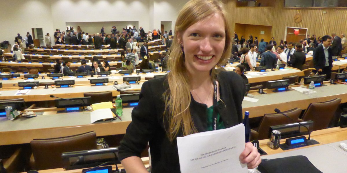 Ruth Blackshaw pictured immediately following the agreement of the 2030 Agenda for Sustainable Development by all 193 UN Member 
