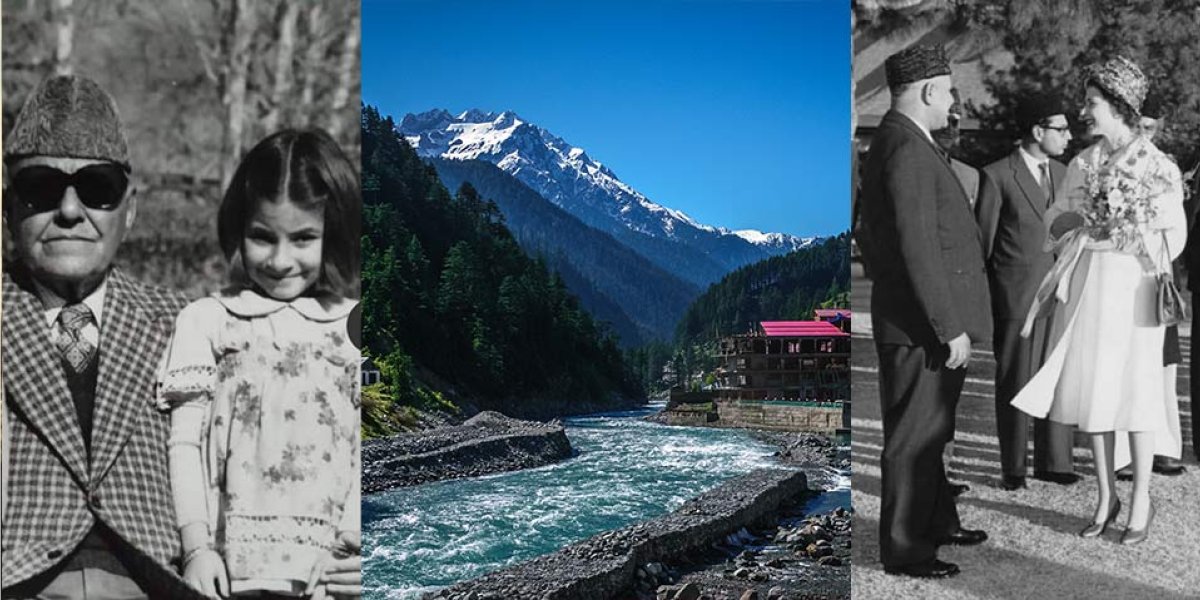 Amineh as a young girl, with her grandfather the Wali of Swat; a river in Swat, Pakistan; Queen Elizabeth II meets the Wali.