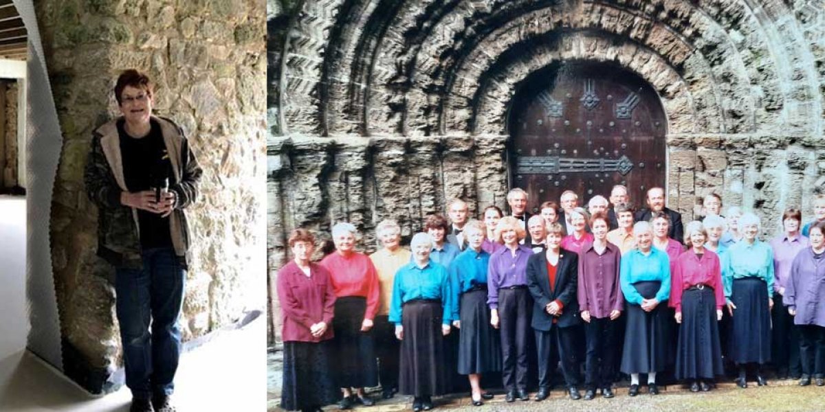 Caroline in her home; East Cornwall Bach Choir with Caroline at St German's church.