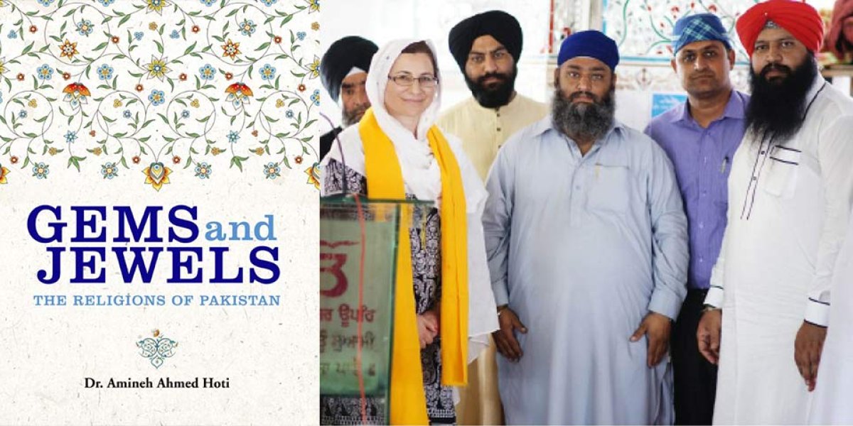 The front cover of Gems and Jewels; Amineh meets with a group of Sikh leaders.