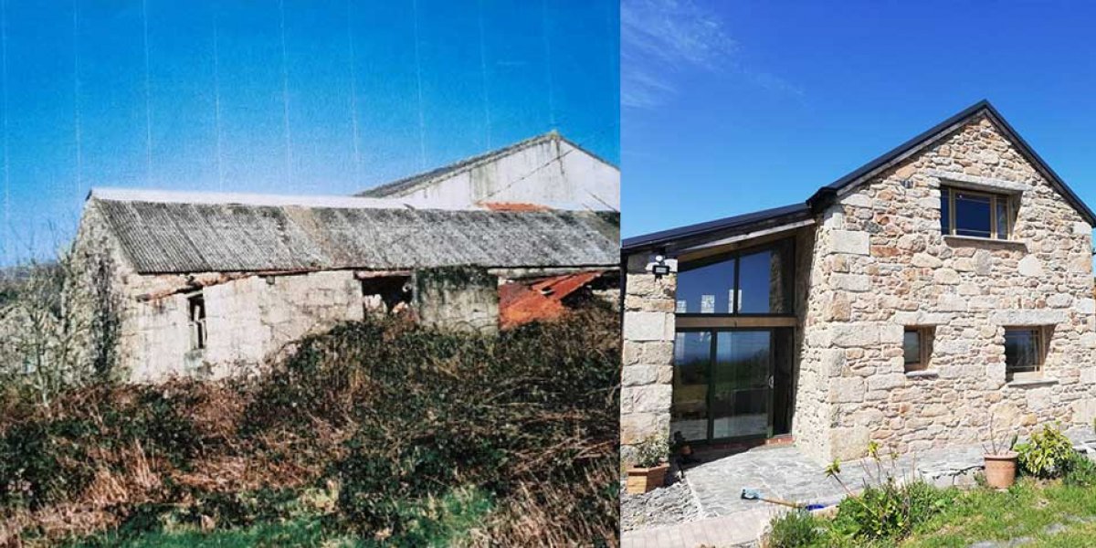 Caroline's green home, a former cows' house, before and after the rebuild.