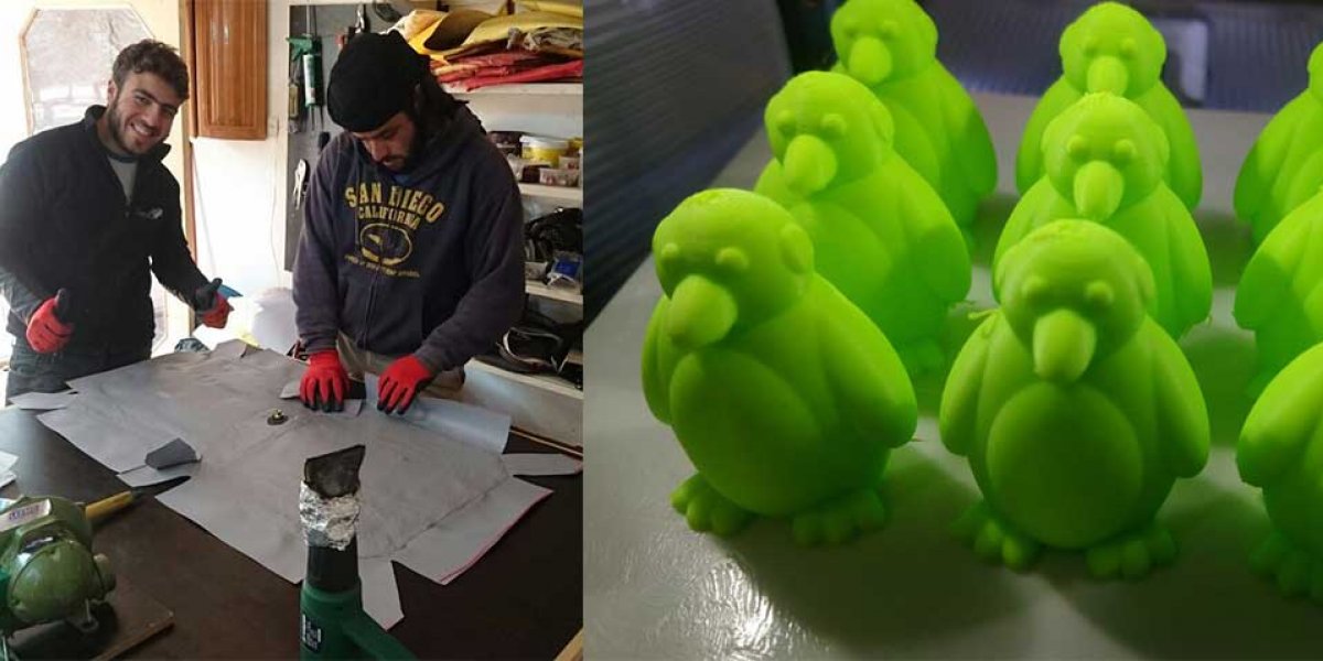 Making airbags in the workshop; 3D-printed soap toys. (c) Field Ready