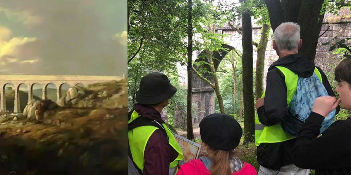 Painting of the Treffry Viaduct in the 19th century; a Meadow Barns family trip to the viaduct.