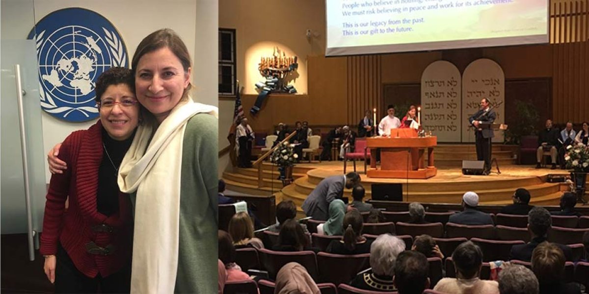 Amineh with Professor Azza Karam, Secretary General of Religions for Peace; Amineh praying at the Washington synagogue.