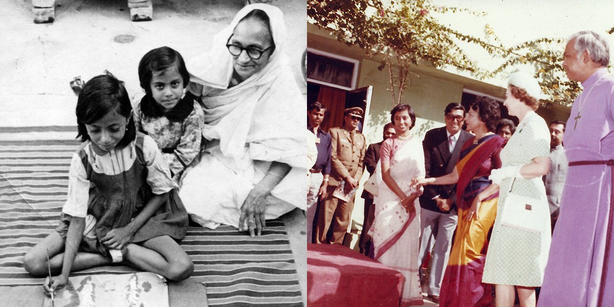 Left: Sumita painting, pictured with her sister and Uncle’s mother. Right: Sumita being introduced to HM Queen Elizabeth II just