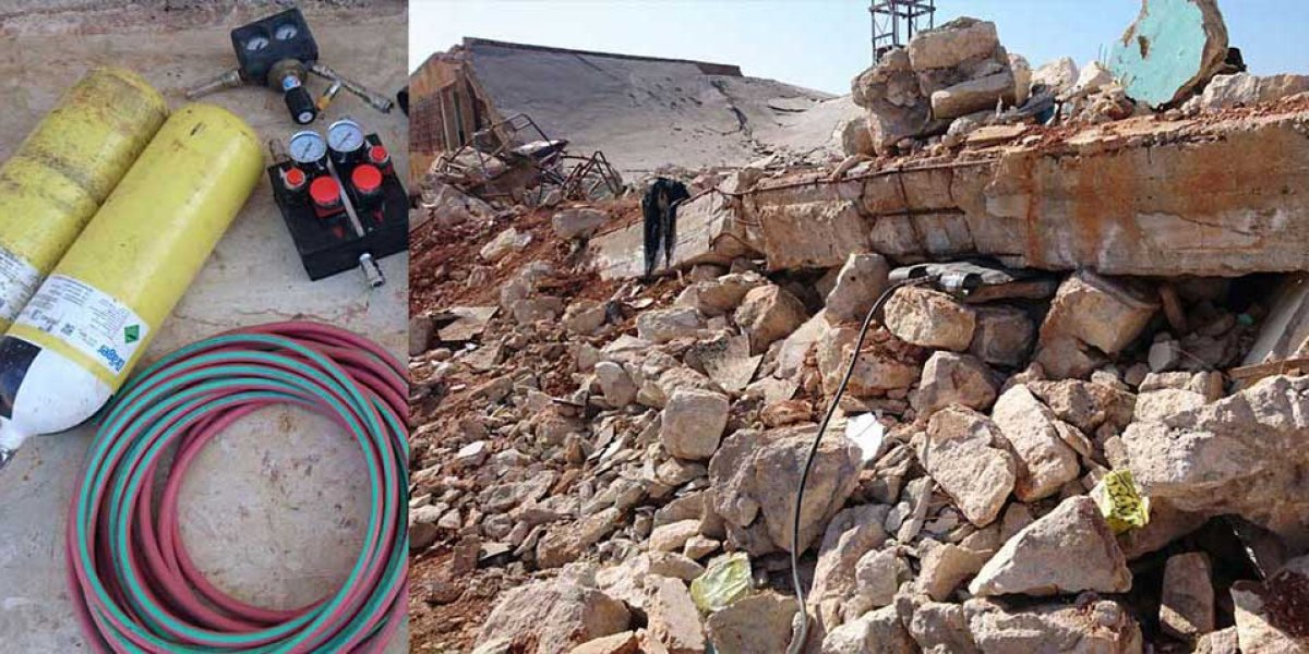 Syria airbag kit; airbag testing under collapsed building. (c) Field Ready