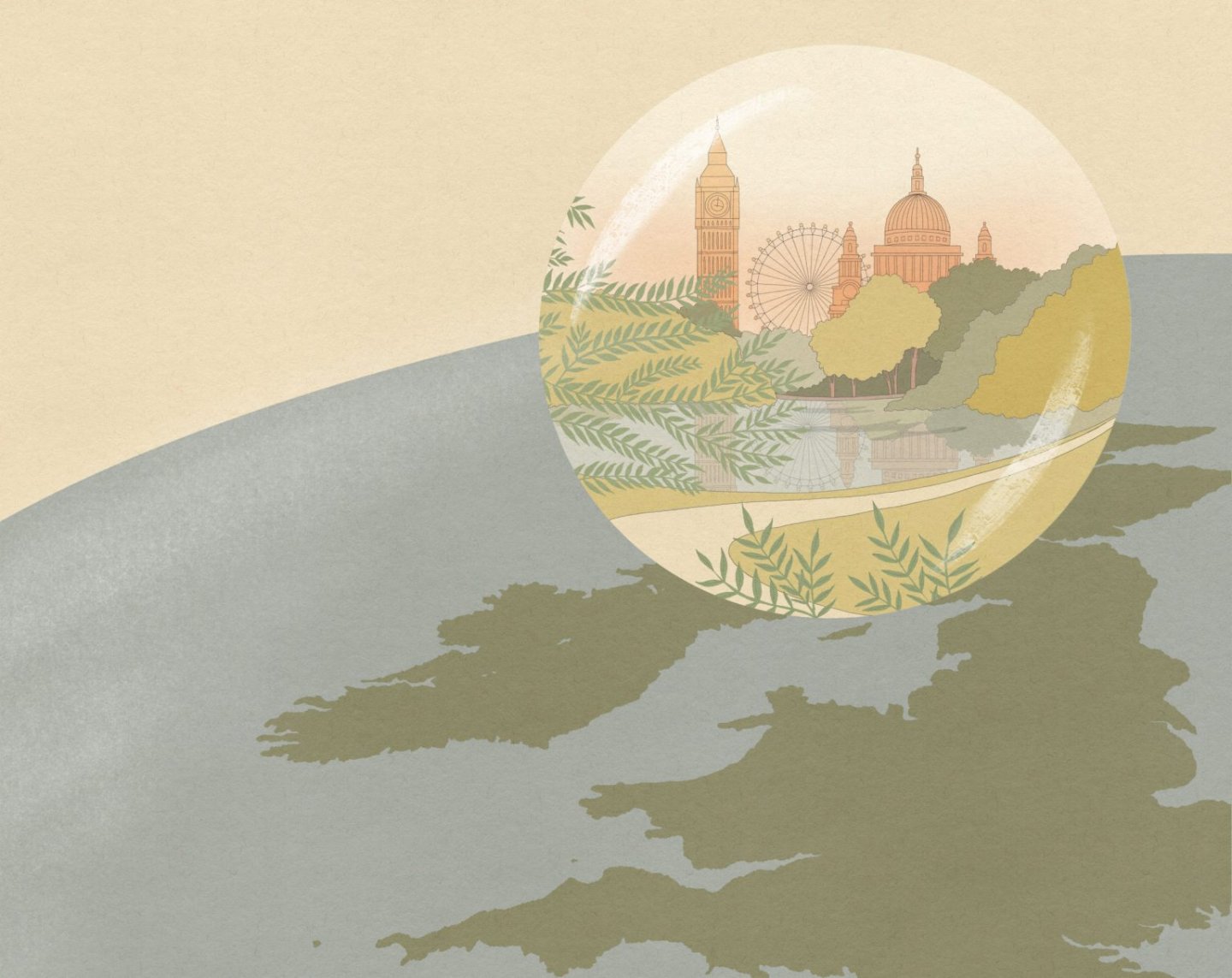 London in a bubble, floating above the UK