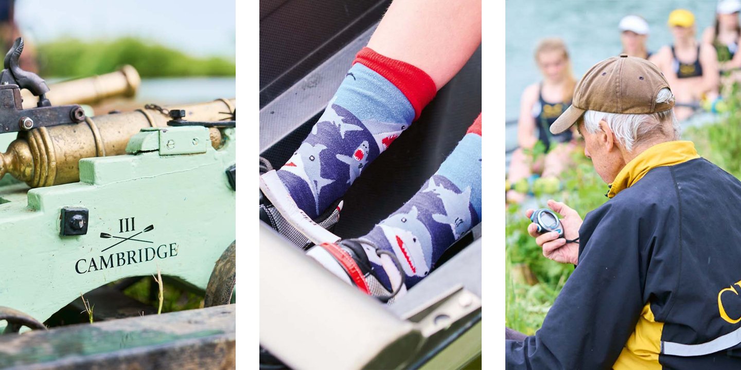 Canon, shark socks on rower and man with stop watch
