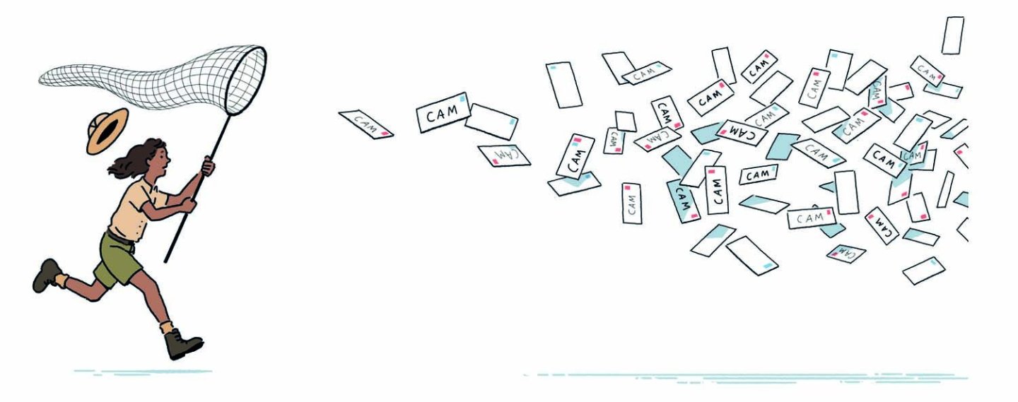 Person chasing after letters with butterfly net