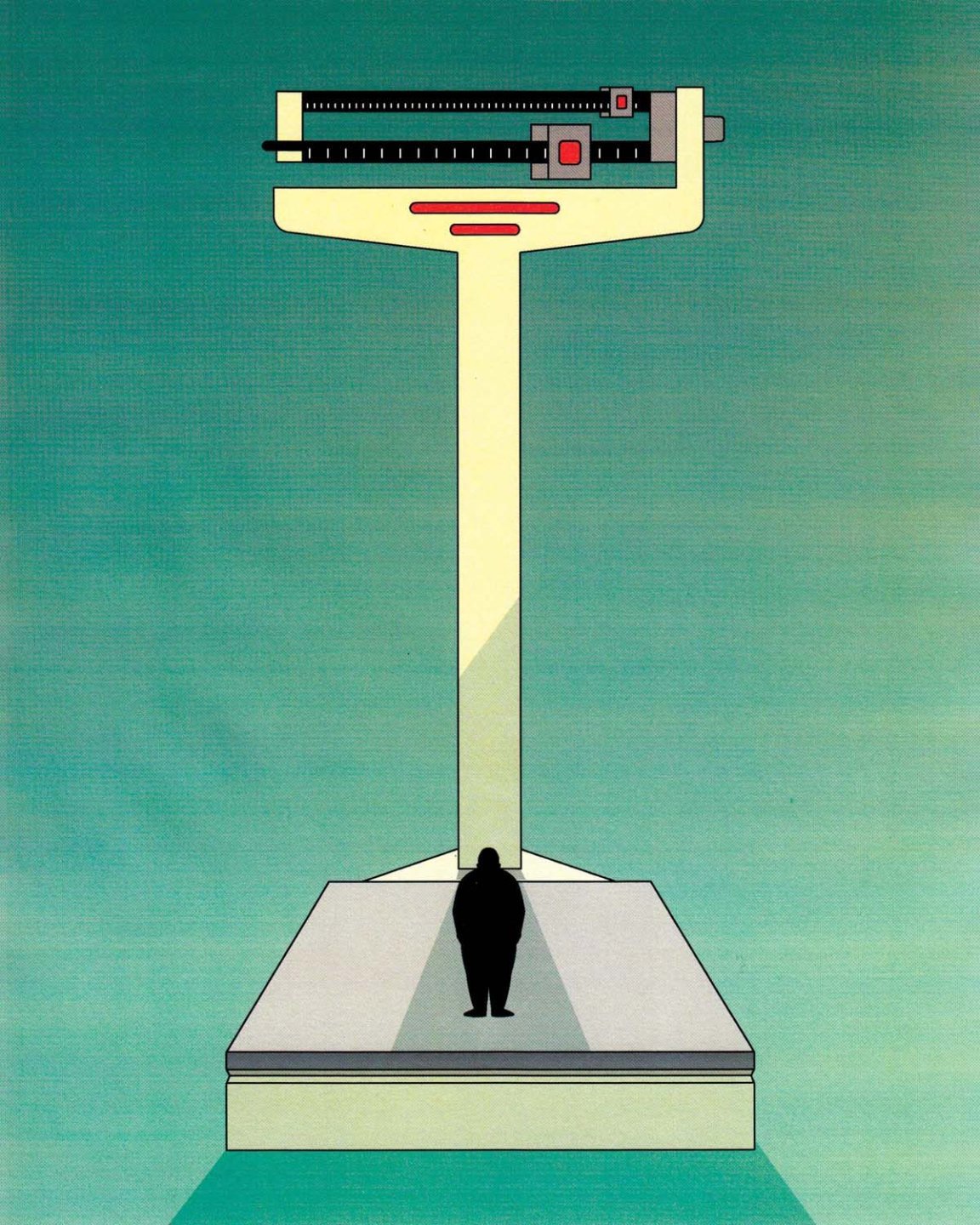 Tiny person standing on towering weighing scales