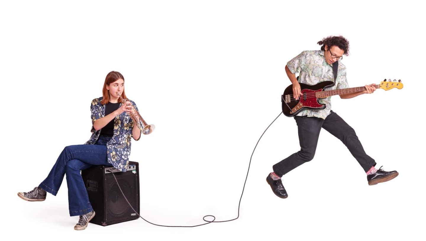 Trumpet, Ella Mason (Biological Natural Sciences, Third Year); on bass guitar (and double bass), Louis Henry, (MPhil, Medieval H