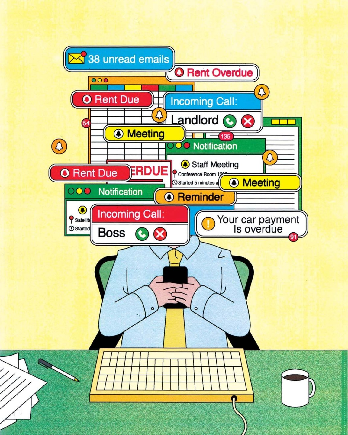Illustration of someone inundated with app updates