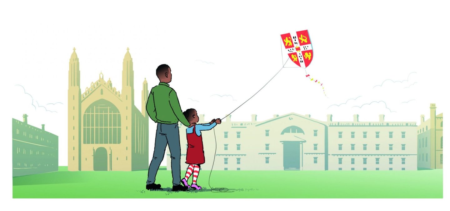 Child with father flying kite over King's College