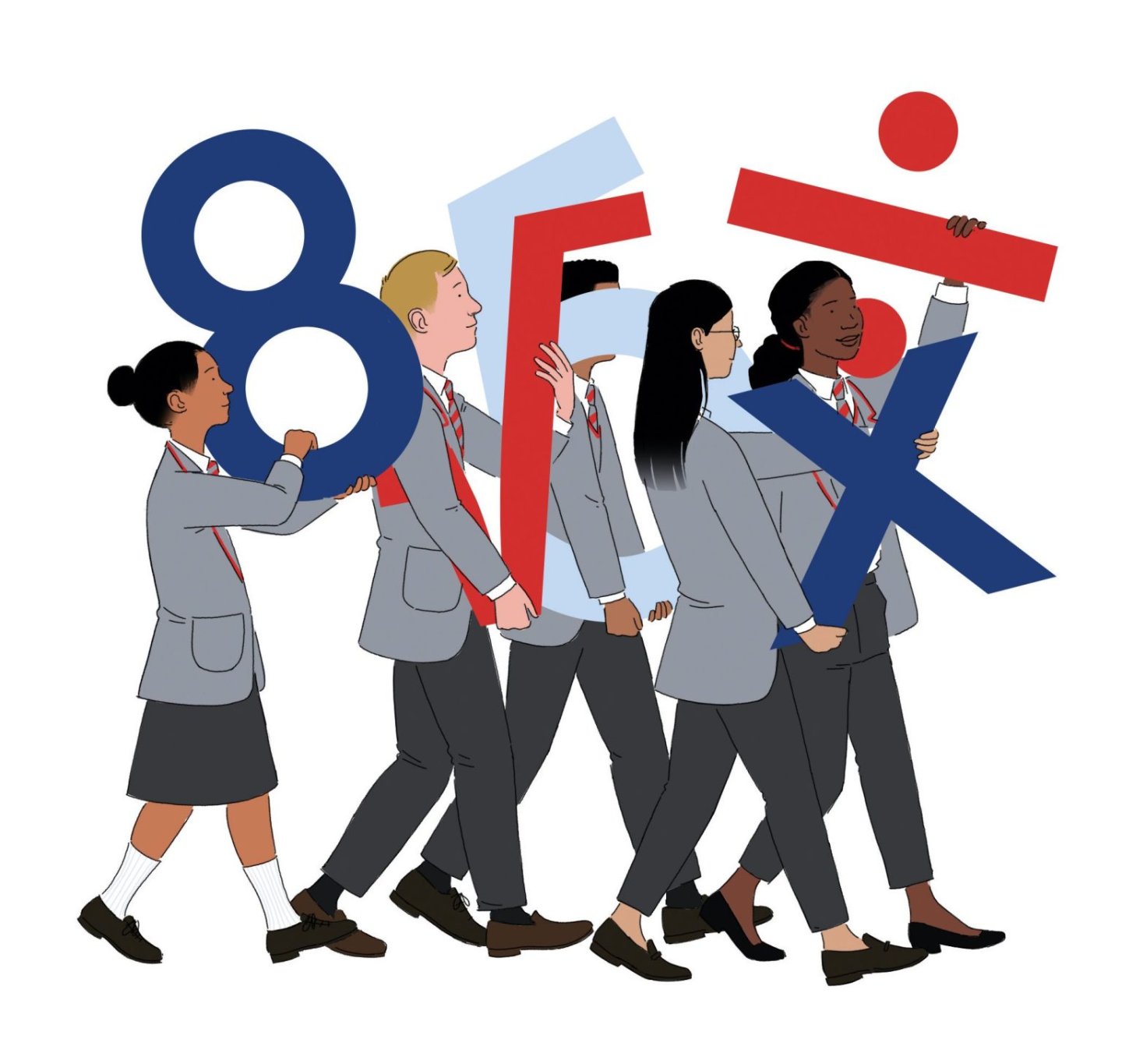 School students holding numbers and maths signs