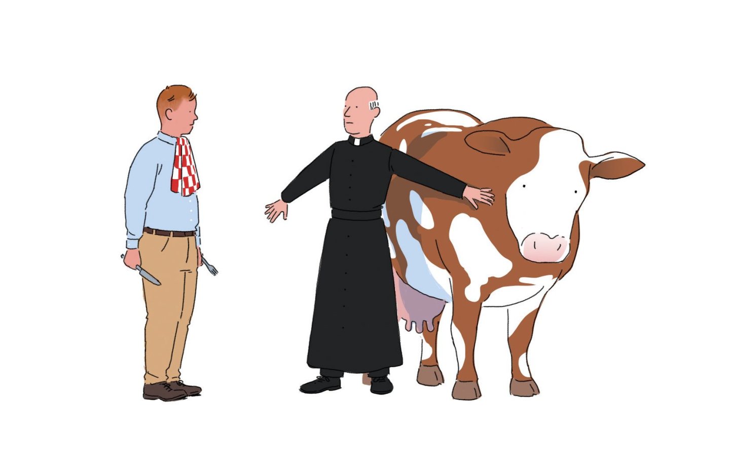 Man in dog collar protecting cow from man holding knife and fork