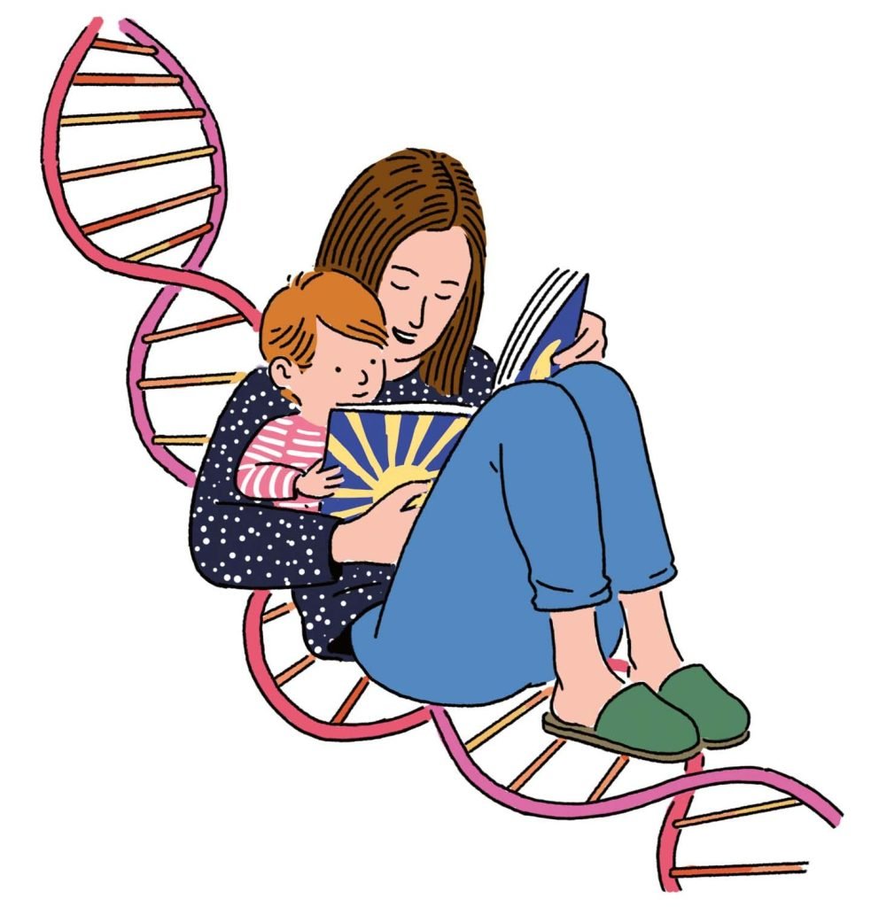 Mum reading to child sitting on DNA double helix