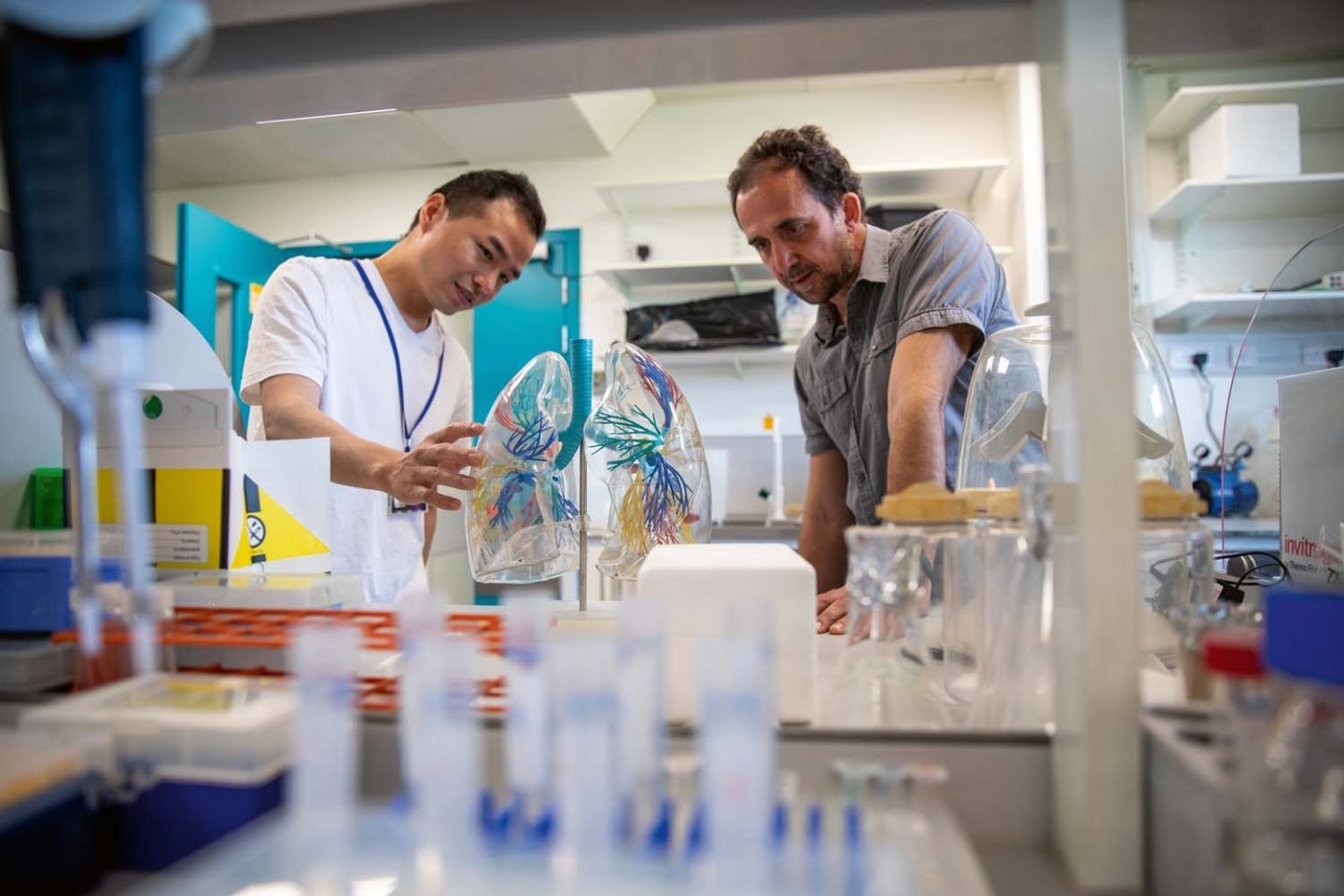 Scientists looking at model of lungs