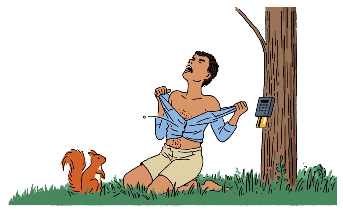 Person shouting in forest as squirrel looks on with card machine in background