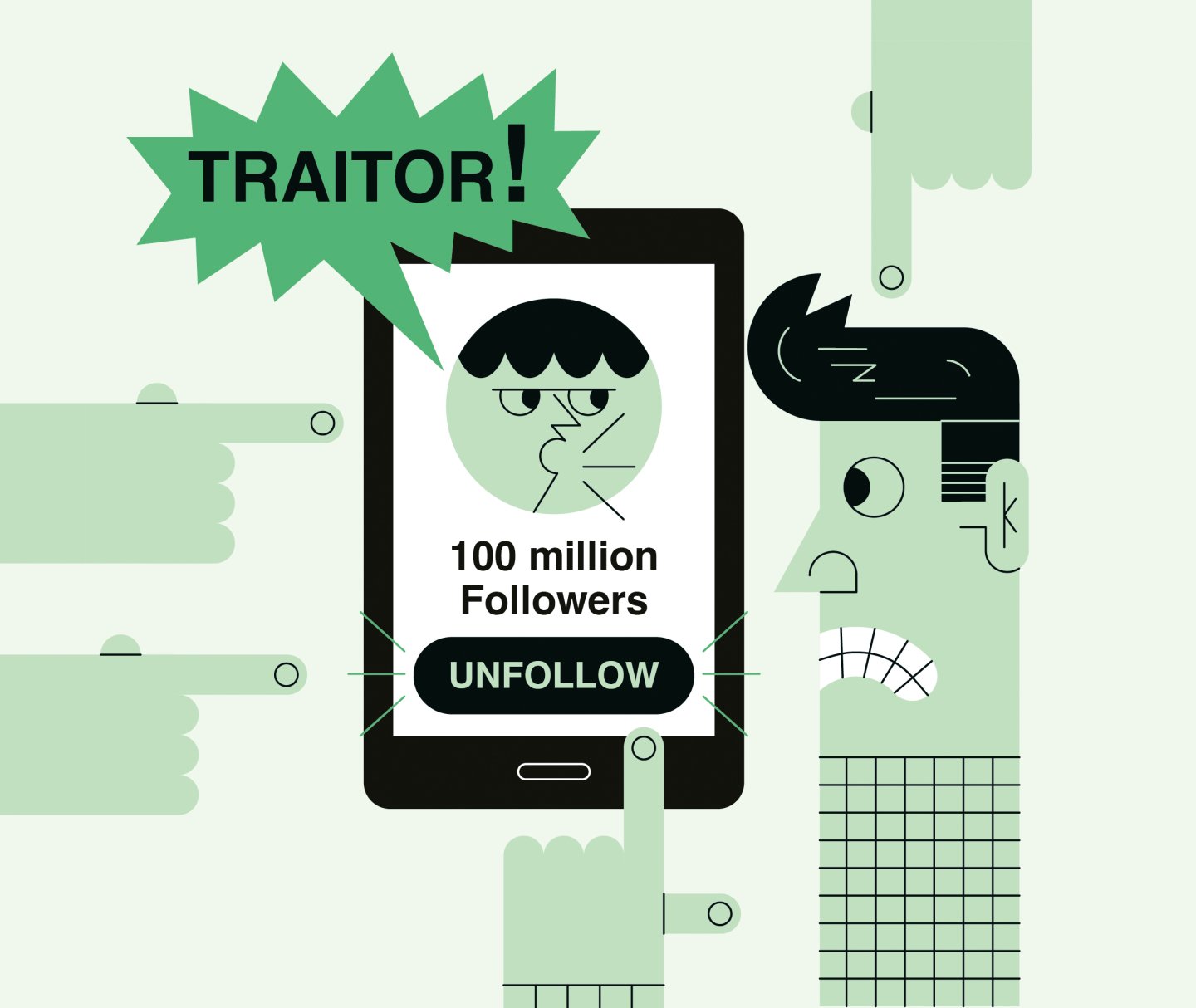Illustration of someone choosing to unfollow someone on social media.
