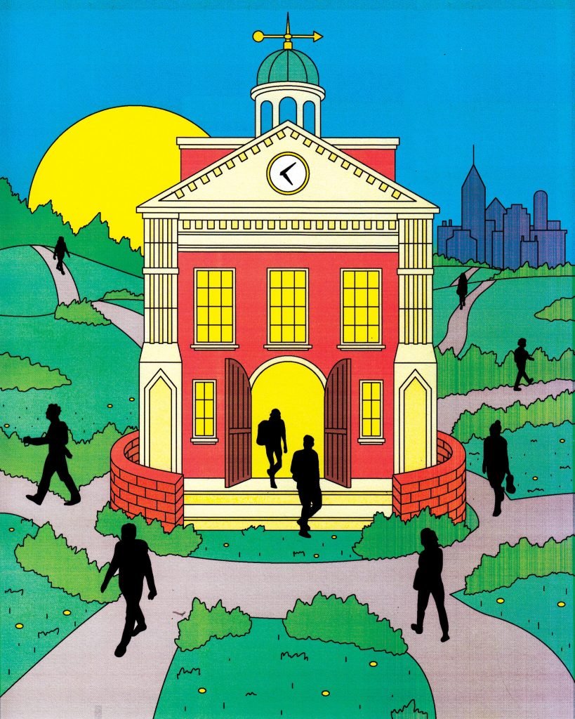University with silhouettes coming out from it